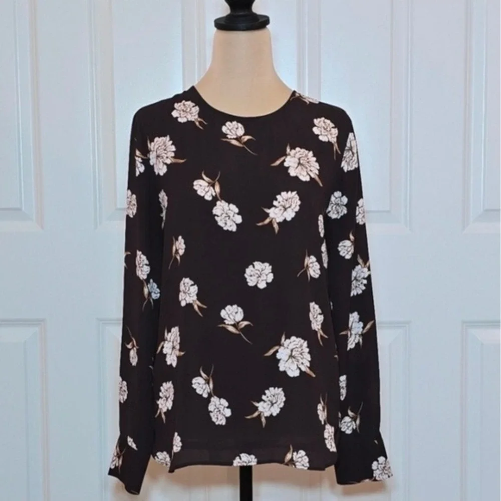 Ann Taylor Factory Chocolate Brown Floral Long Sleeve Blouse Keyhole Back Small - Picture 1 of 7